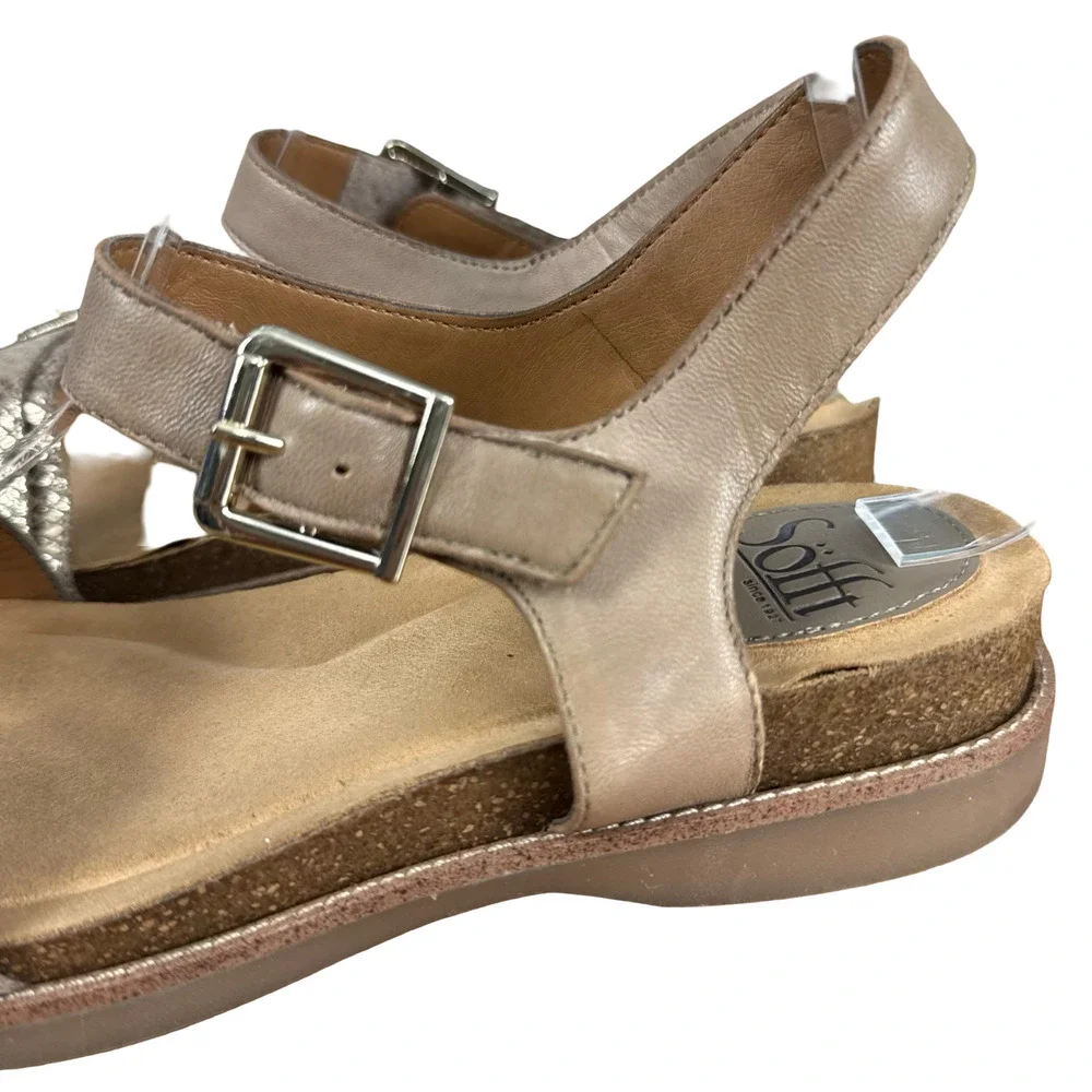 Sofft Leather Beige Gold Ankle Strap Sandals Low Wedge Open Toe Shoes sz 8 M